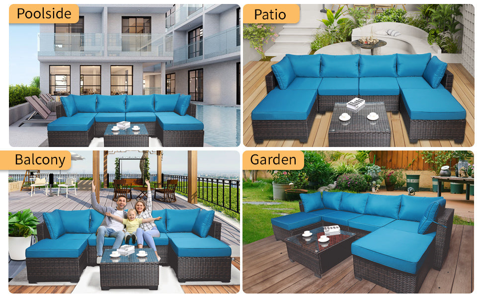 7 pieces outdoor patio sectional sofa couch set with washable cushions & glass coffee table