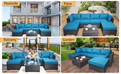 7 Pieces Outdoor Patio Sectional Sofa Couch Set with Washable Cushions & Glass Coffee Table
