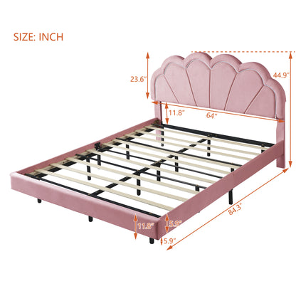 Queen Upholstered Smart LED Bed Frame with Elegant Flowers Headboard,Pink