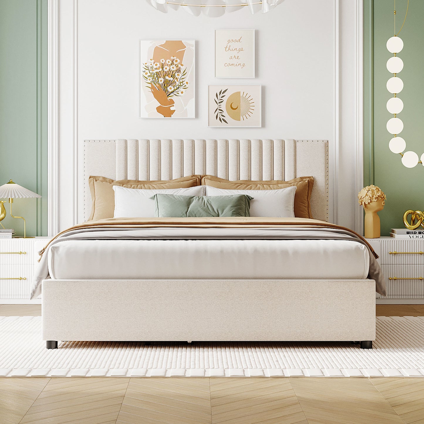 queen size upholstered platform bed with 2 drawers and 1 twin xl trundle, beige