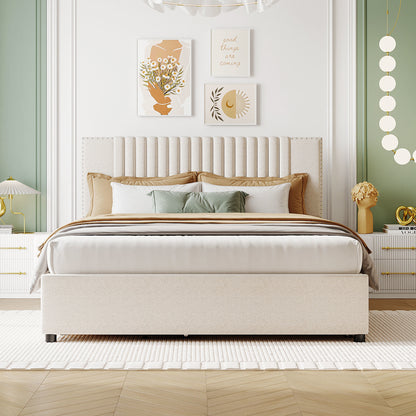 Queen Size Upholstered Platform Bed with 2 Drawers and 1 Twin XL Trundle, Beige
