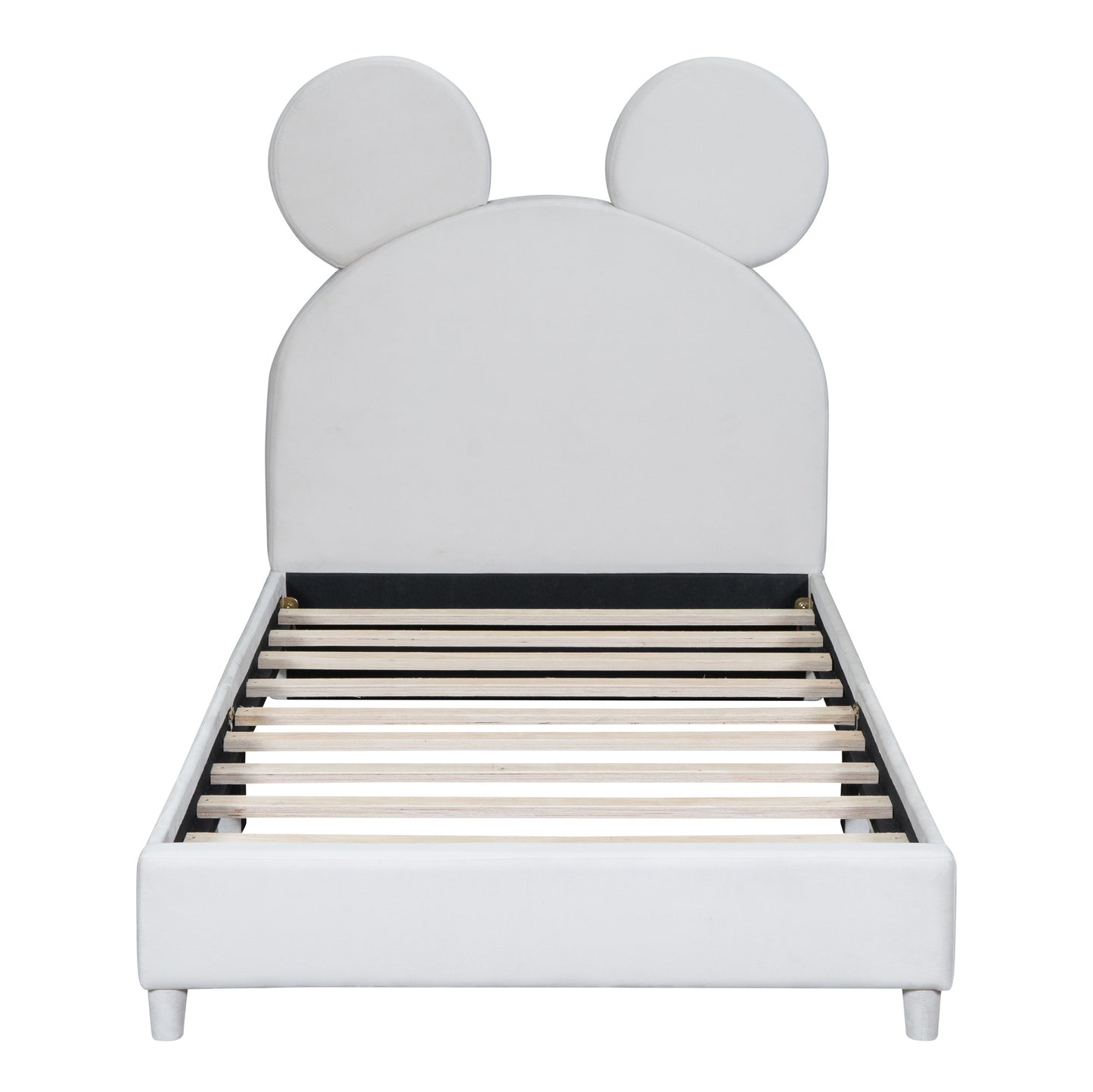 upholstered bed with bear ear shaped headboard, beige