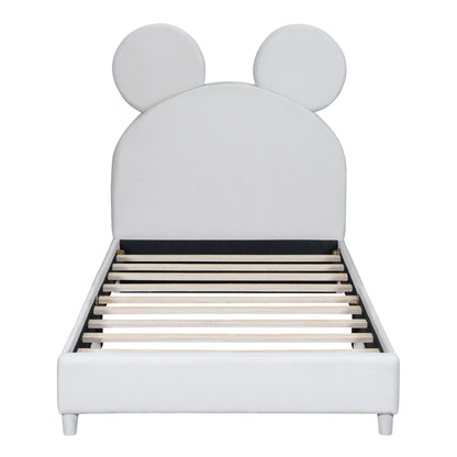 Upholstered Bed with Bear Ear Shaped Headboard, Beige