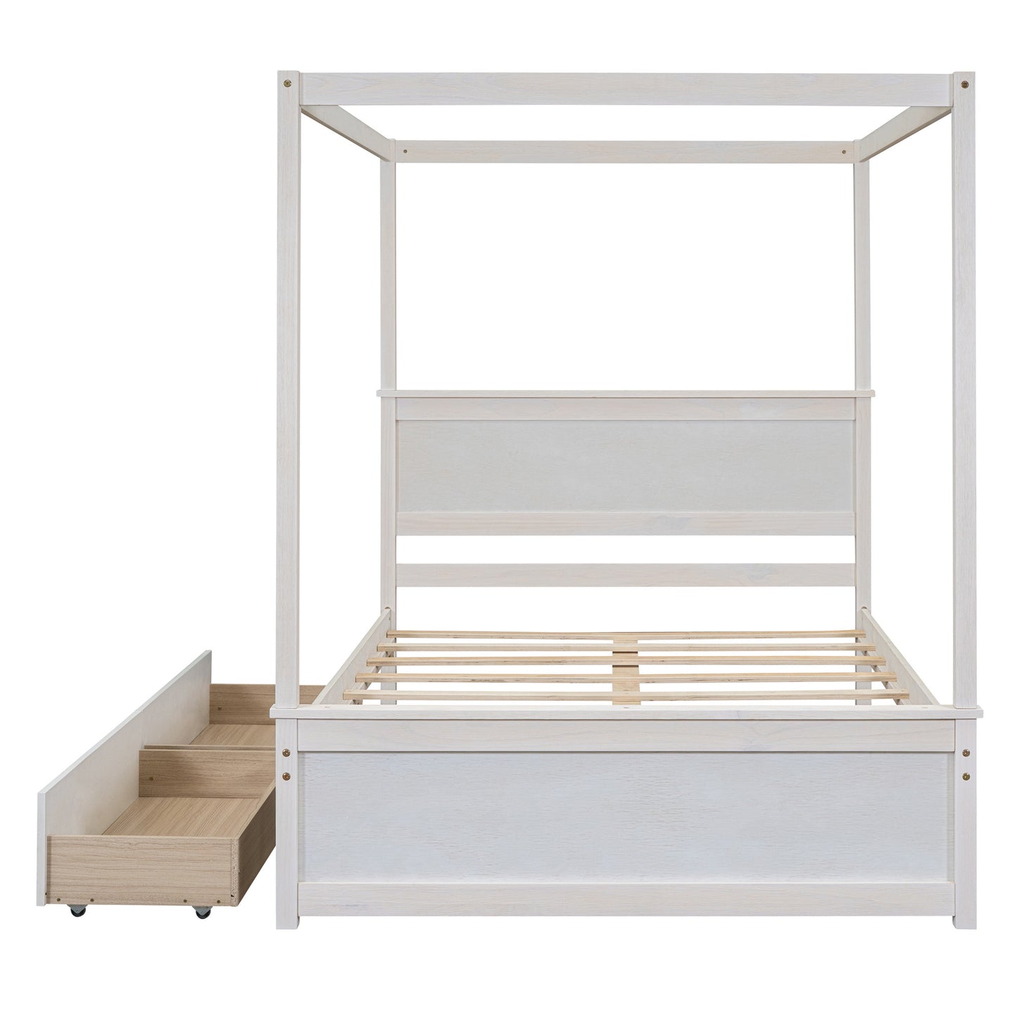 wood canopy bed with two drawers, white