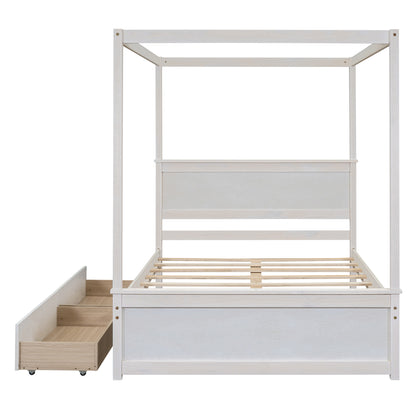 Wood Canopy Bed with two Drawers, White