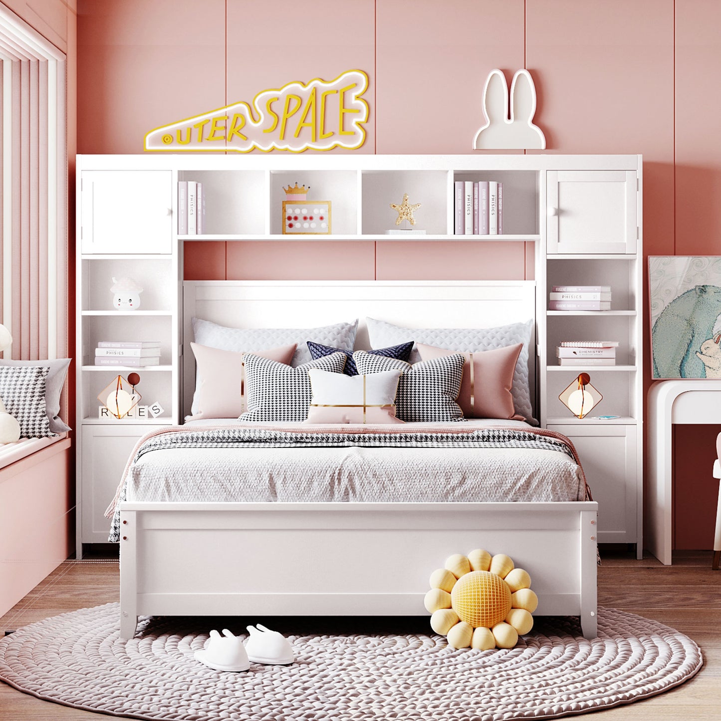 wooden bed with all-in-one cabinet and shelf
