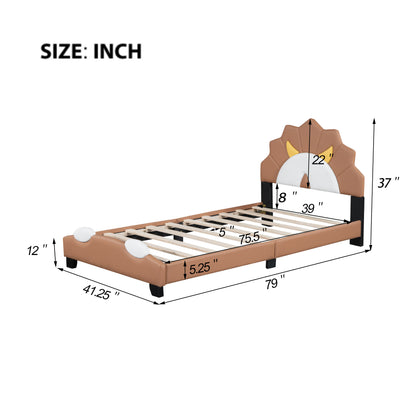 Upholstered Leather Platform Bed with Lion-Shaped Headboard, Brown