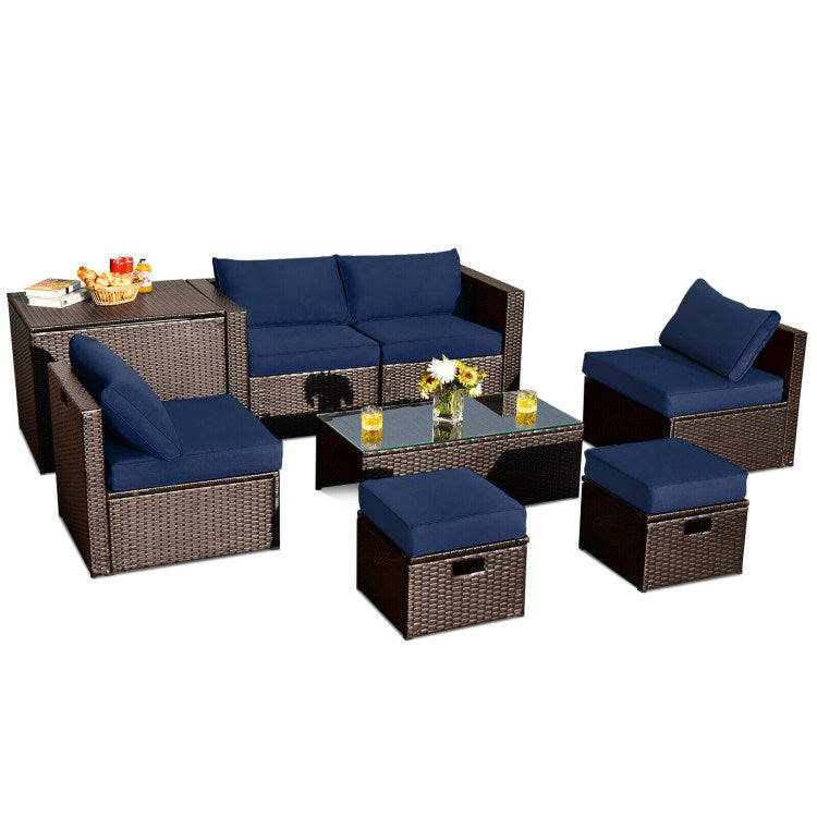 8 pieces patio space-saving rattan furniture set with storage box and waterproof cover