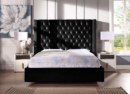 Velvet Upholstered Bed with Deep Button Tufting, Black