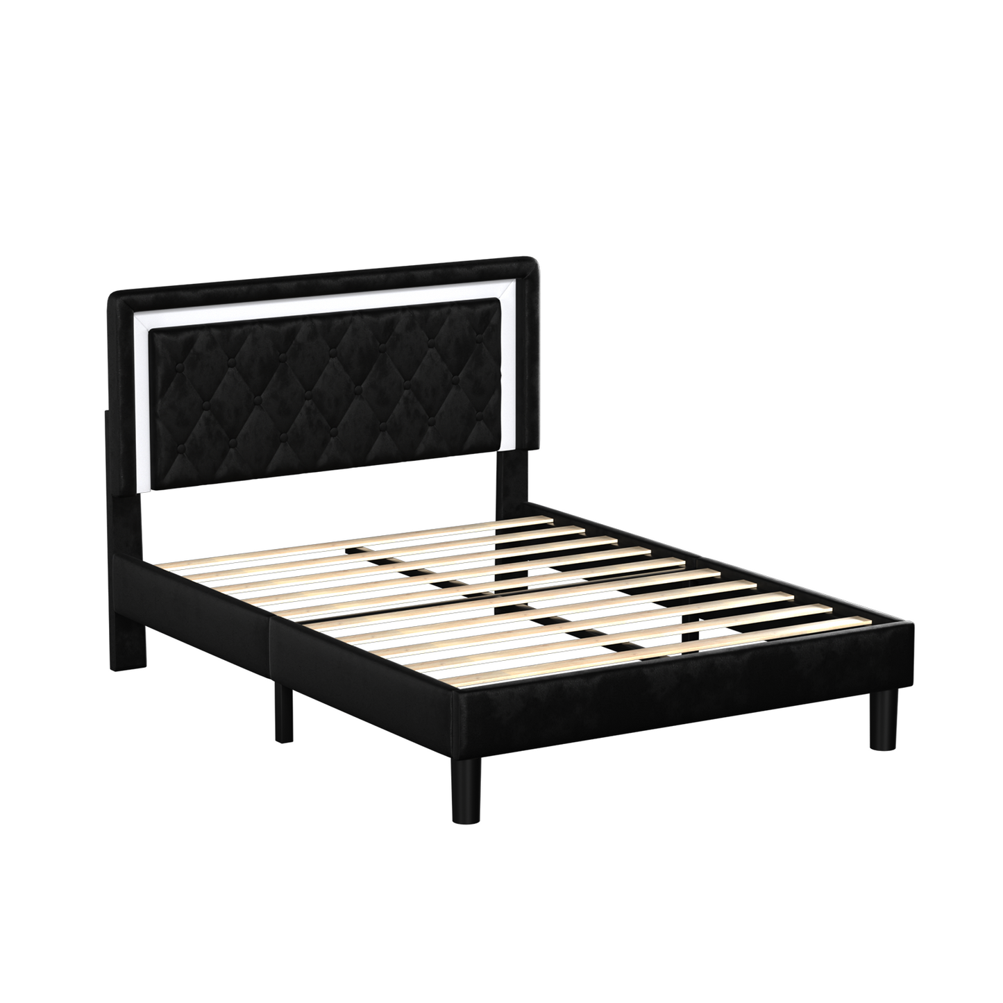 david platform bed with upholstered headboard and slat support
