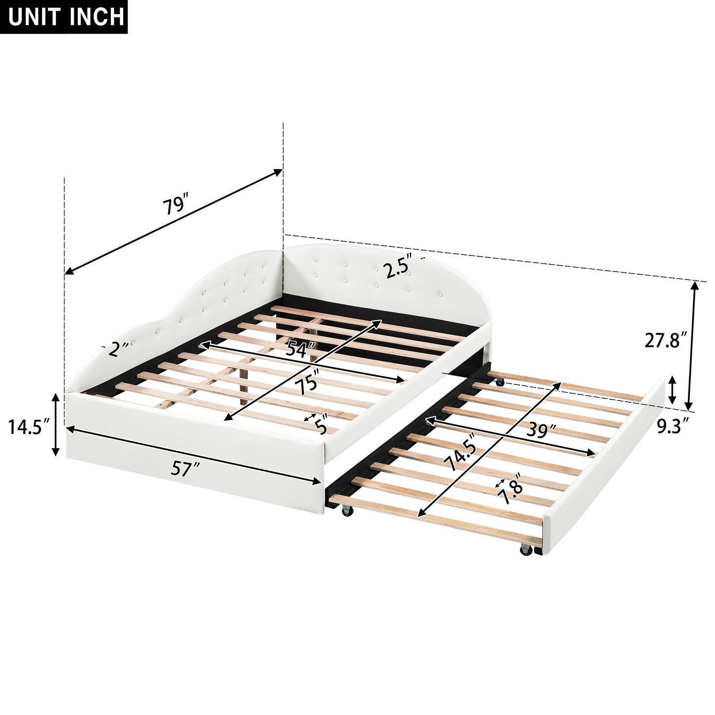 pu upholstered tufted daybed with trundle and cloud shaped guardrail, white