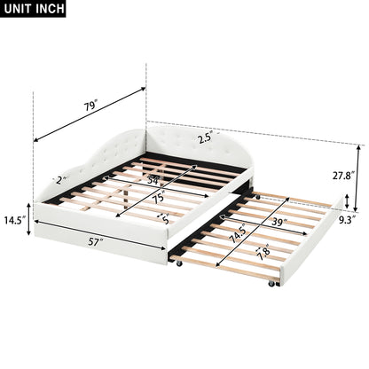 PU Upholstered Tufted Daybed with Trundle and Cloud Shaped Guardrail, White