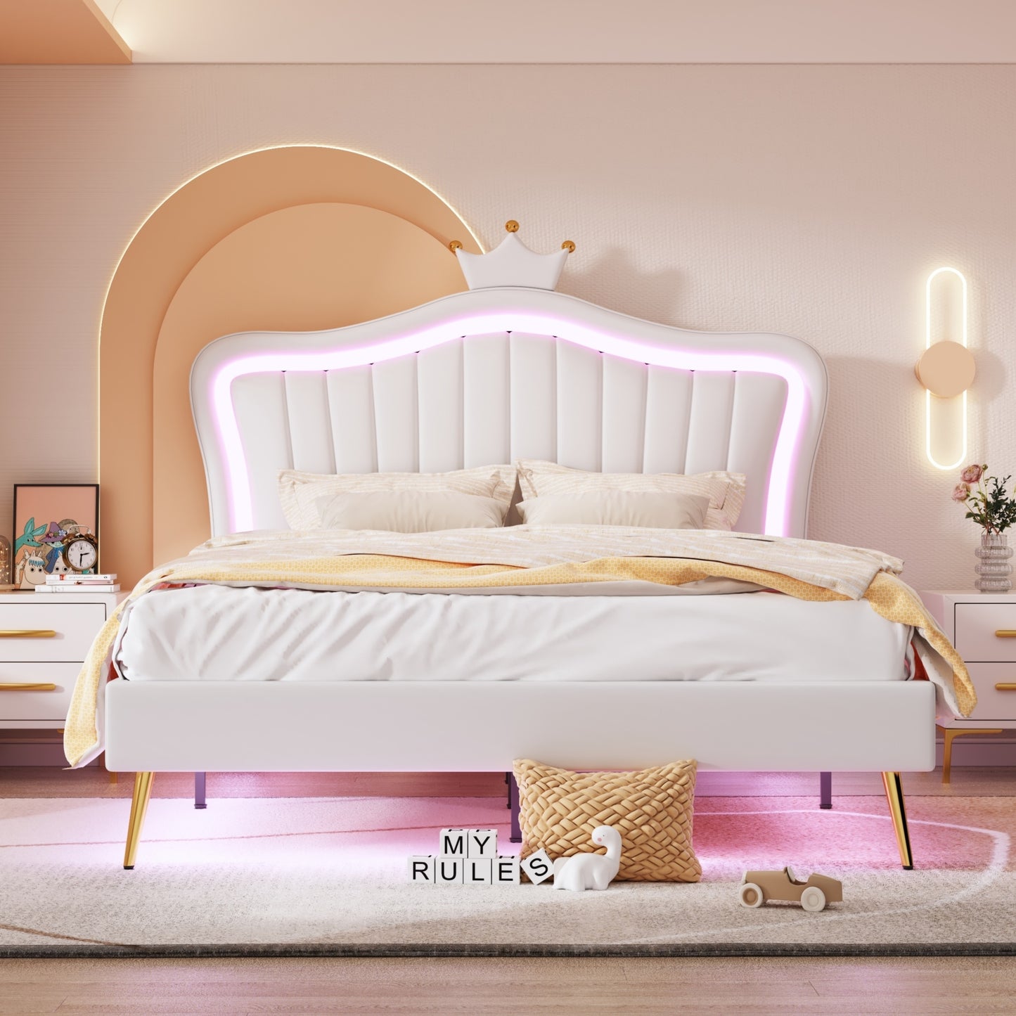 modern upholstered princess bed with crown headboard and led lights, white