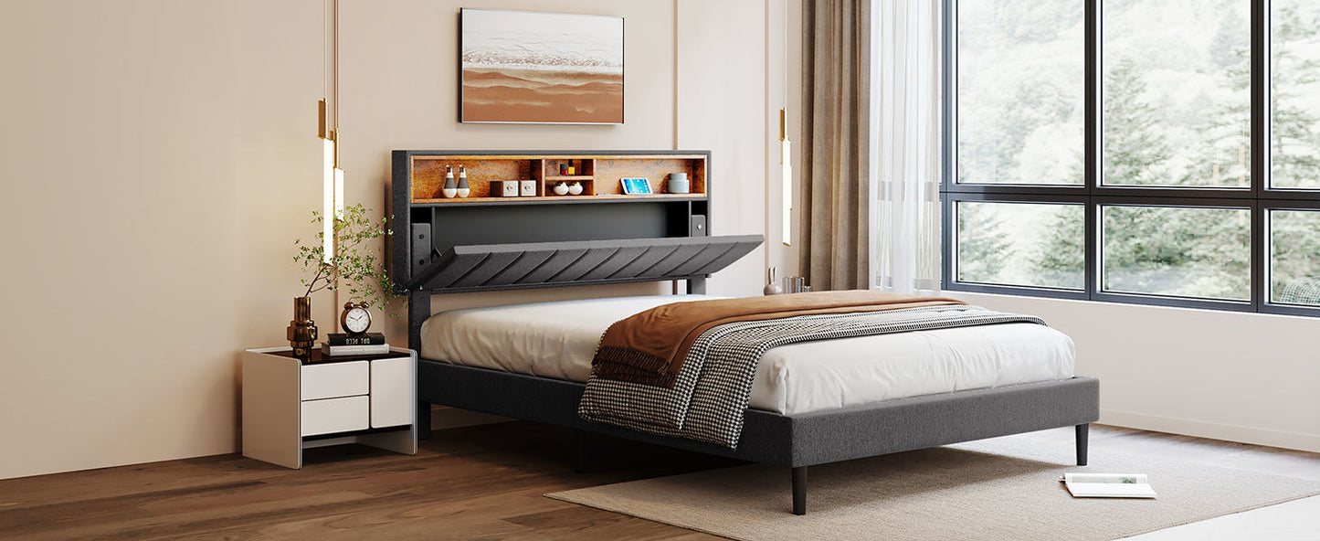 upholstered platform bed with storage headboard and usb port
