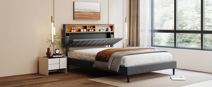 Upholstered Platform Bed with Storage Headboard and USB Port