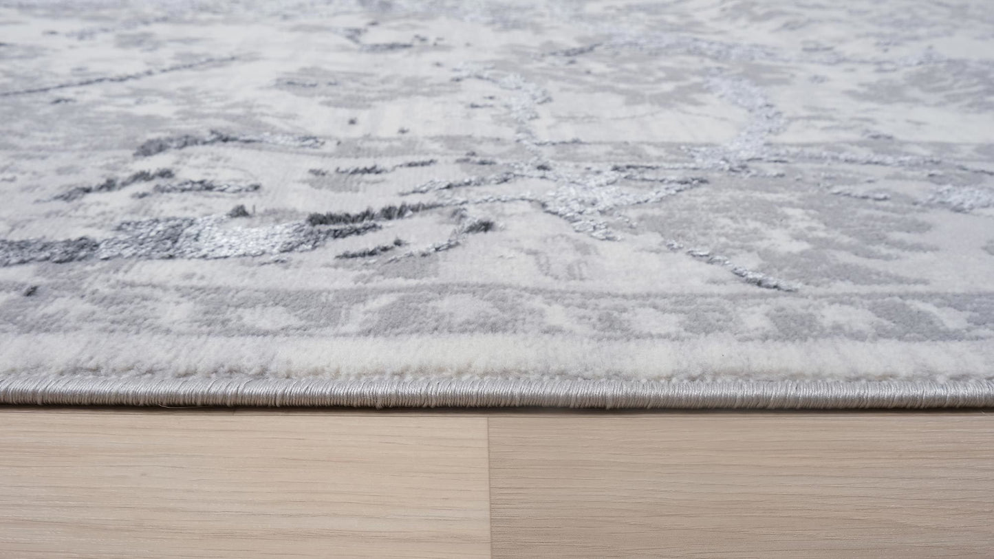 penina luxury area rug in gray with silver circles abstract design