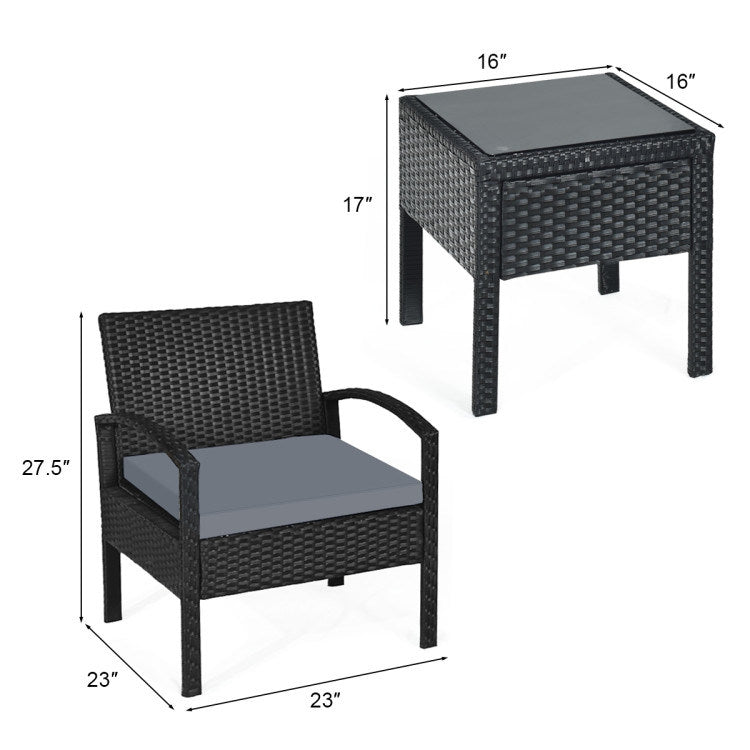 3 pieces outdoor rattan patio conversation set with seat cushions