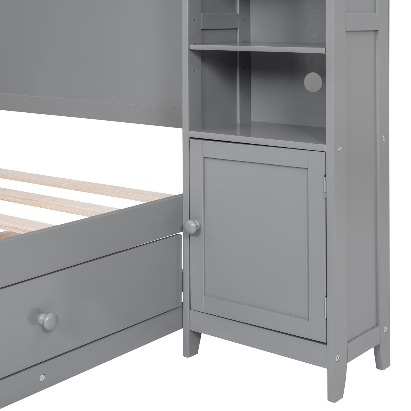 wooden bed with all-in-one cabinet and shelf