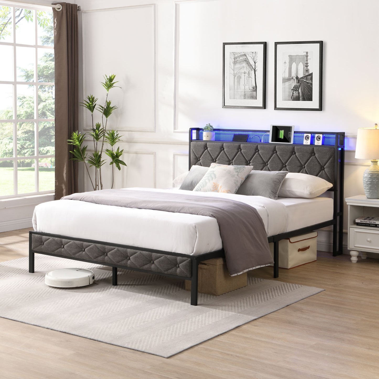 queen bed frame with storage headboard, charging station and led lights,dark gray