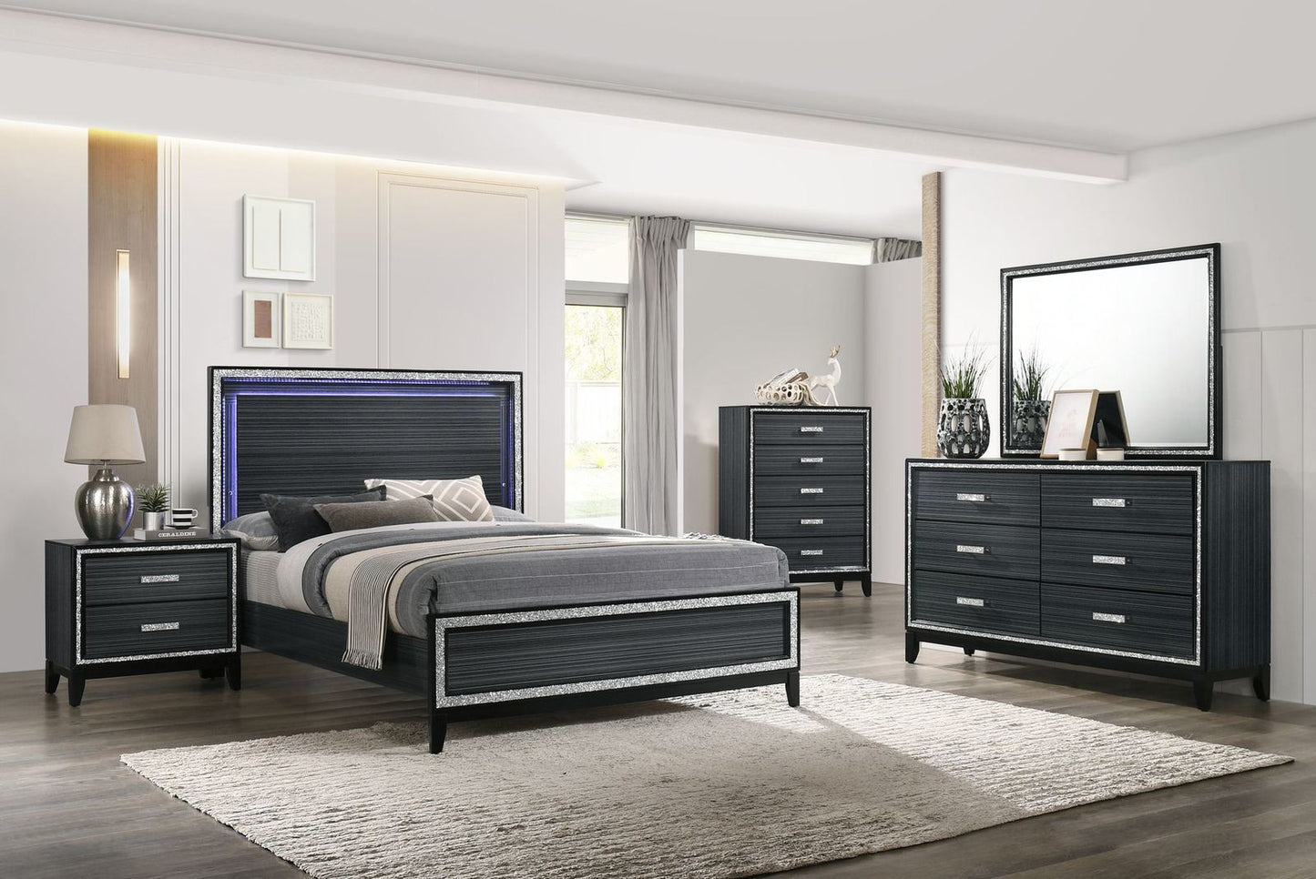 acme haiden queen bed, led & weathered black finish