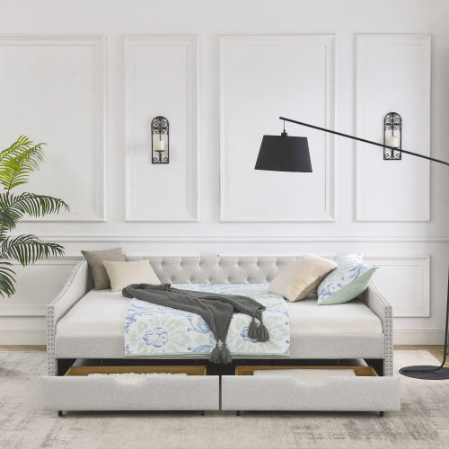 morgan queen size daybed with drawers upholstered tufted sofa bed, beige