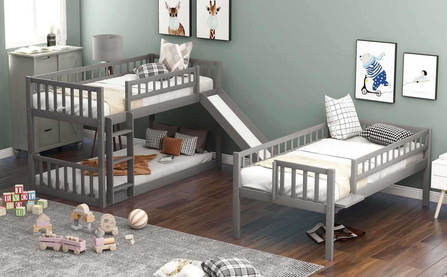 twin-over-twin-over-twin triple bed with built-in ladder and slide