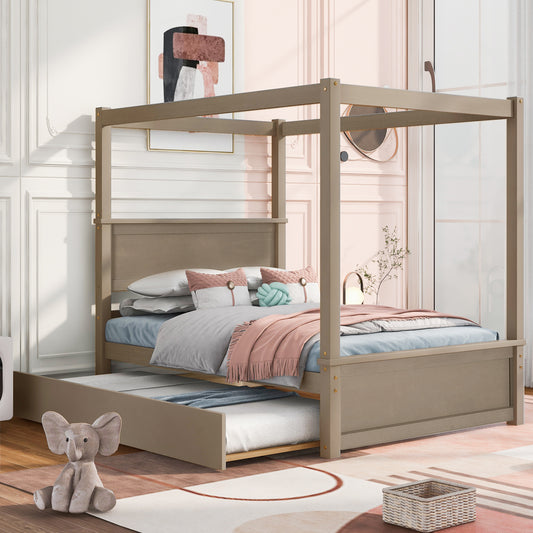 Wood Canopy Bed with Trundle