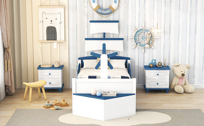 3-Pieces Boat-Shaped Platform Bed with Trundle and Two Nightstands, White+Blue