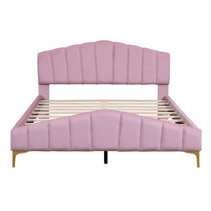 Stylish Velvet Platform Bed with Thick Fabric, Pink