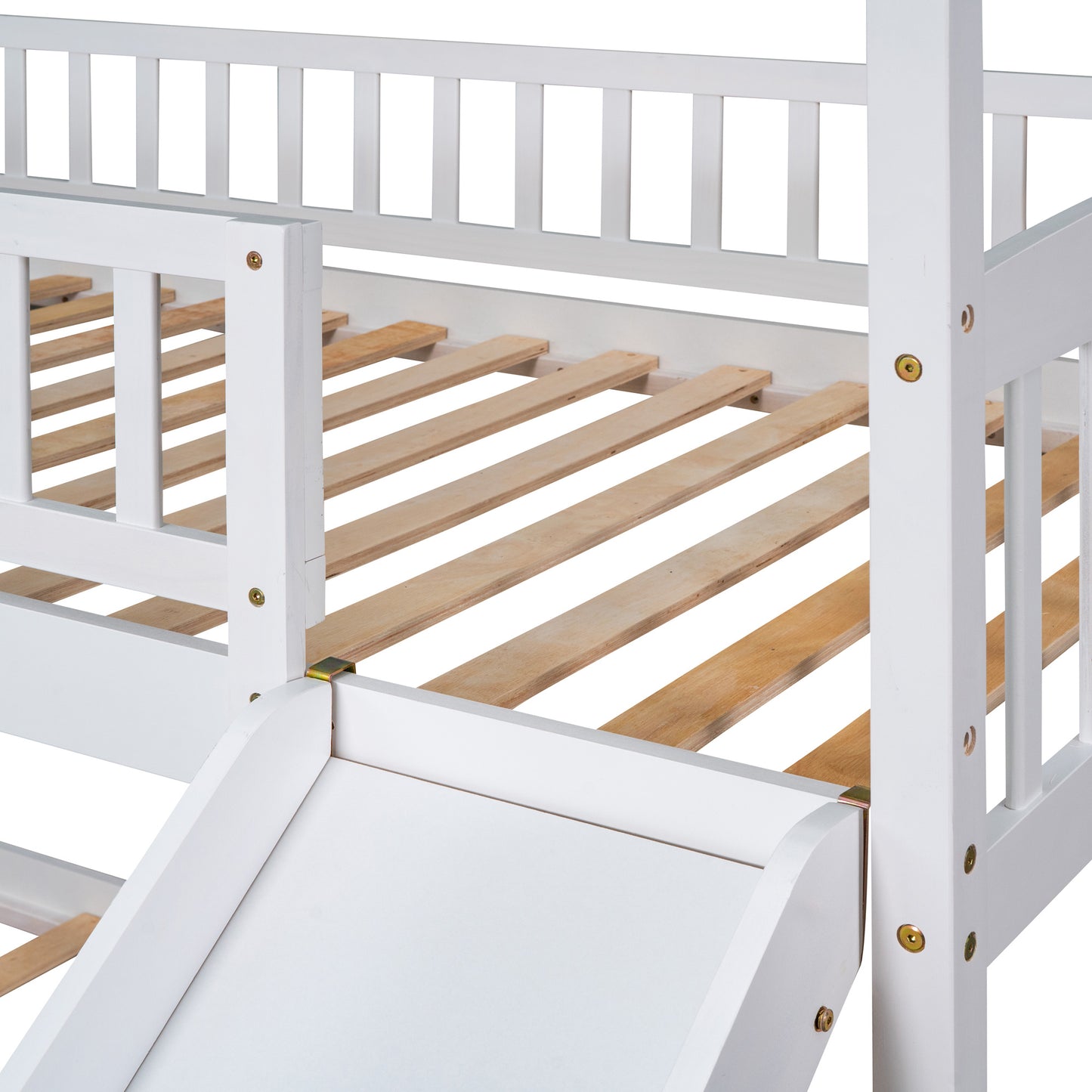twin over twin bunk bed with slide, white