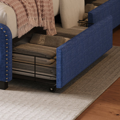 Sara Upholstered Platform Bed Frame with Four Drawers, Blue