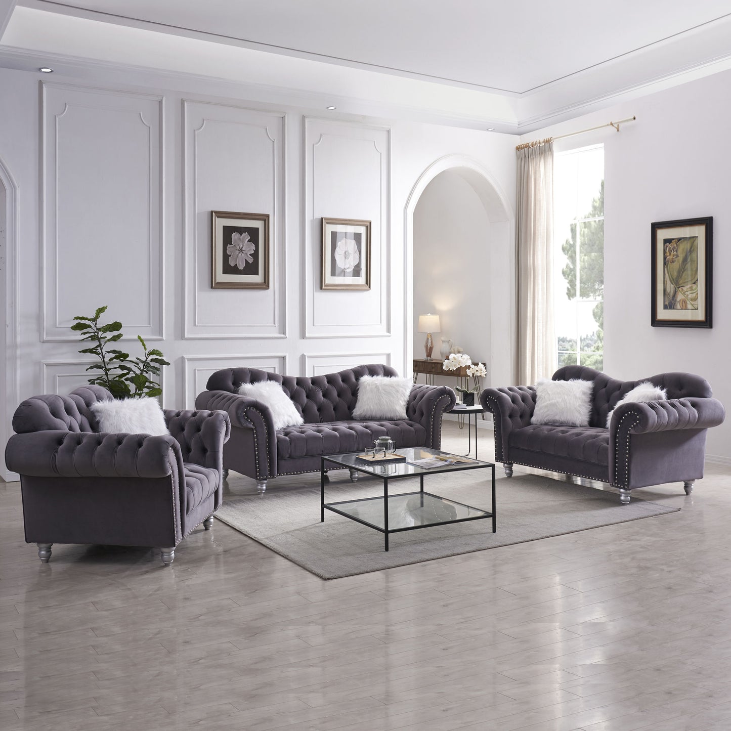 3 piece living room sofa set with 5 white villose pillow, grey