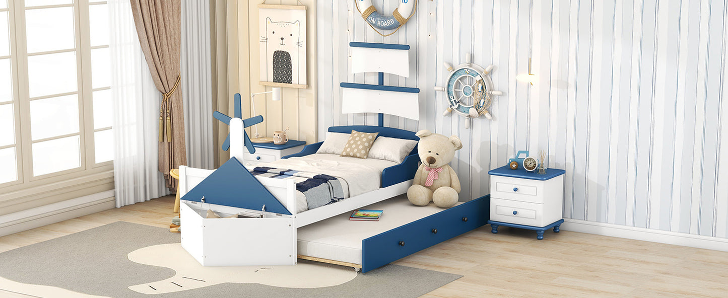 3-pieces boat-shaped platform bed with trundle and two nightstands, white+blue