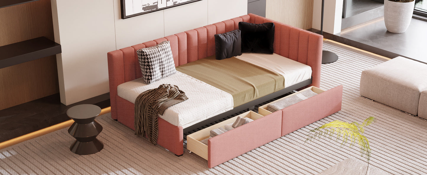 upholstered bed with 2 storage drawers, pink