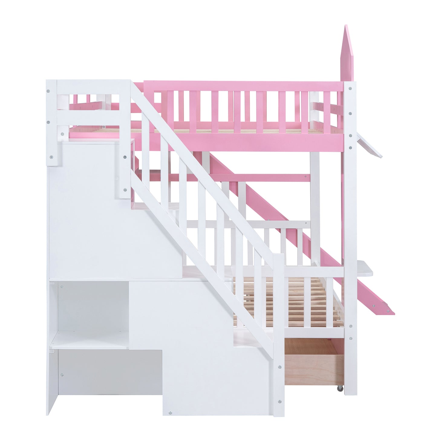full-over-full castle style bunk bed with 2 drawers 3 shelves and slide - pink