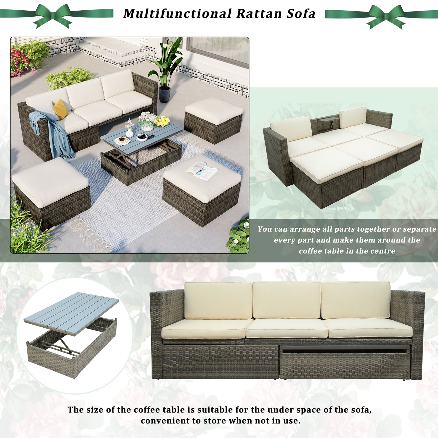 5-piece patio wicker sofa set cushions; ottomans and lift top coffee table included