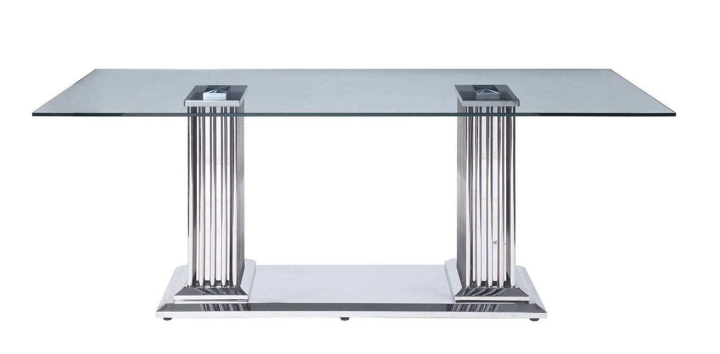 acme cyrene dining table in stainless steel & clear glass