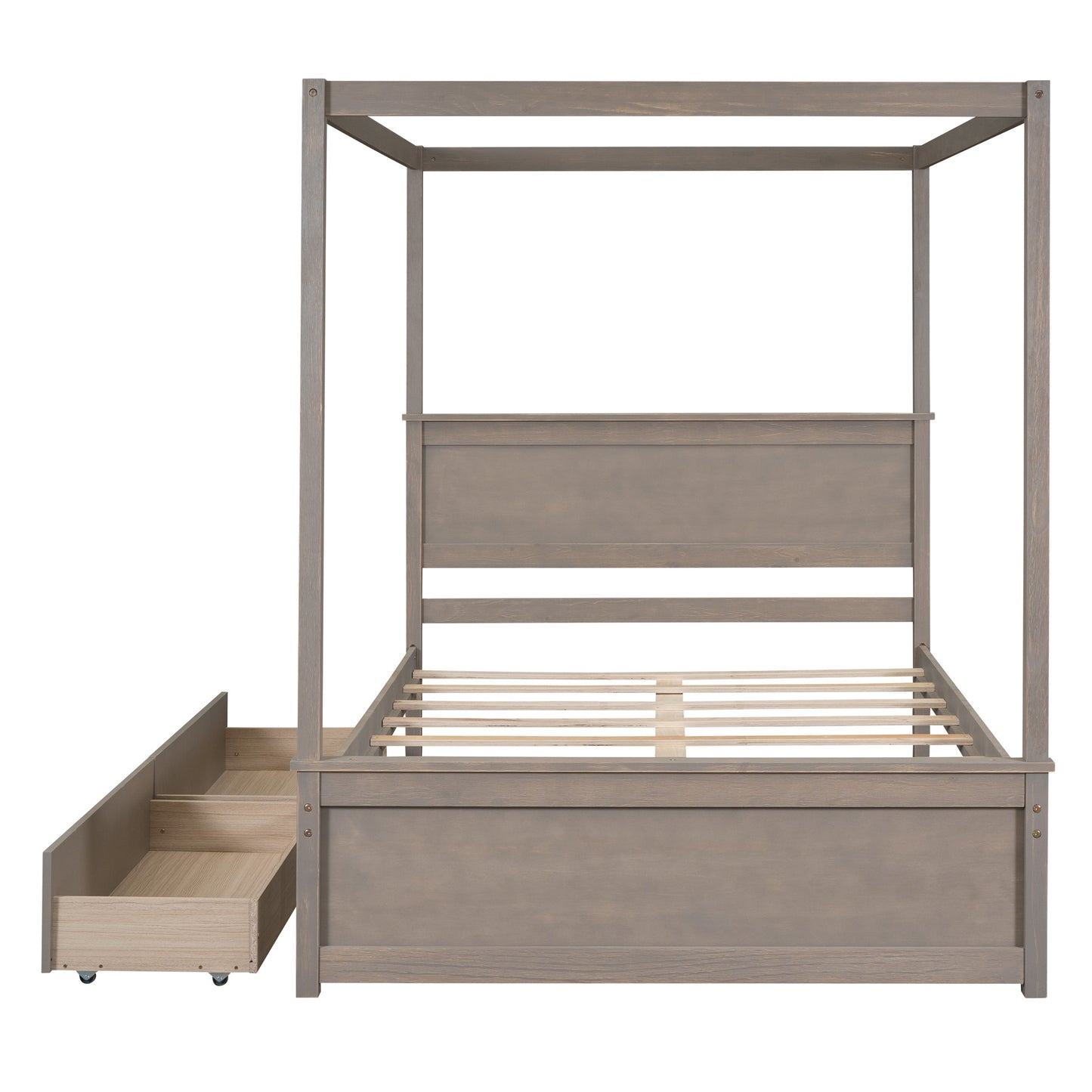 wood canopy bed with two drawers, light brown