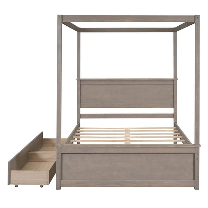 Wood Canopy Bed with two Drawers, Light Brown
