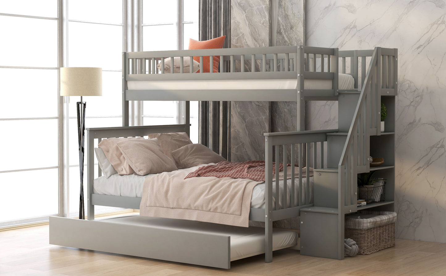 twin over full bunk bed with trundle and staircase,gray