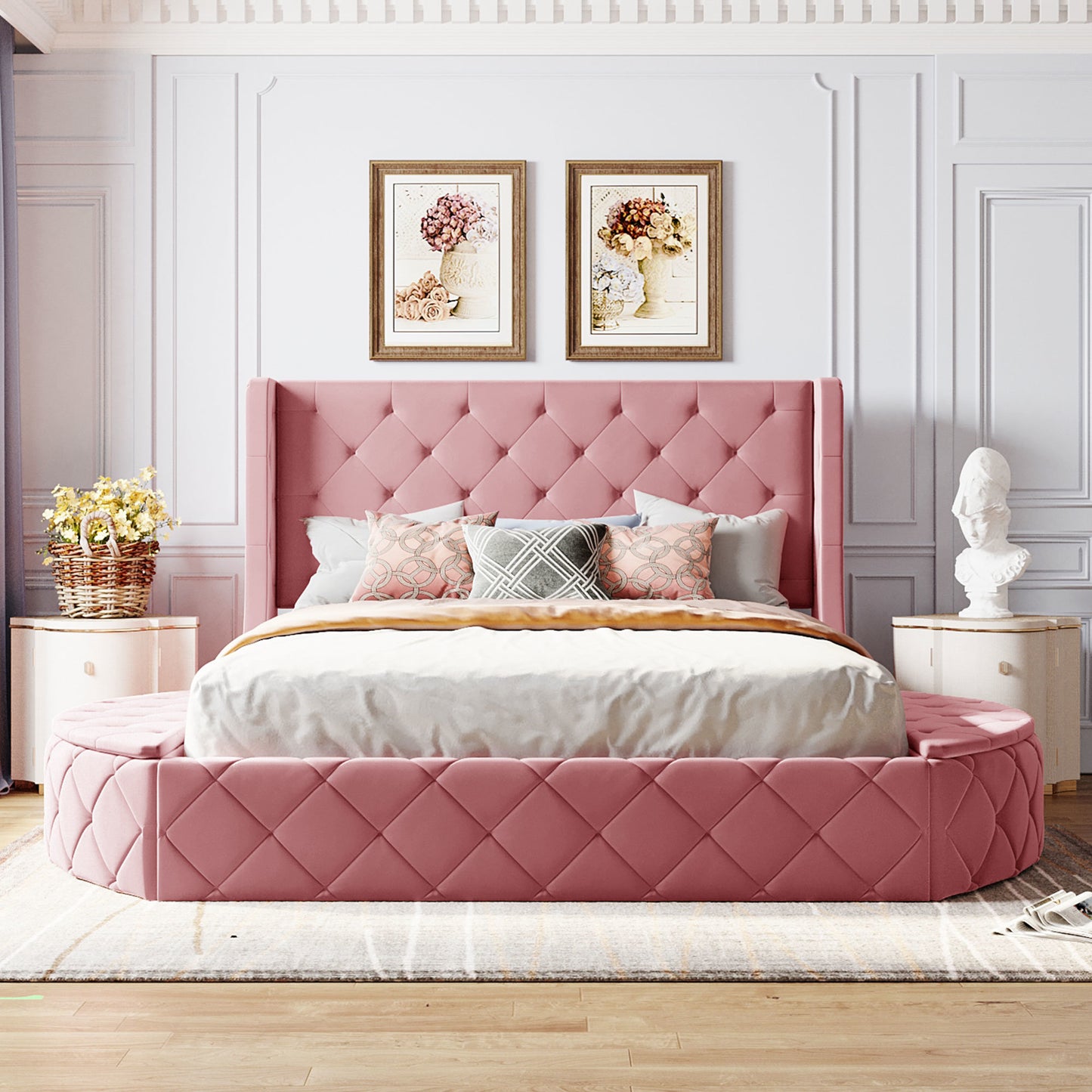 upholstered velvet platform bed with wingback headboard and 1 big drawer; 2 side storage stool