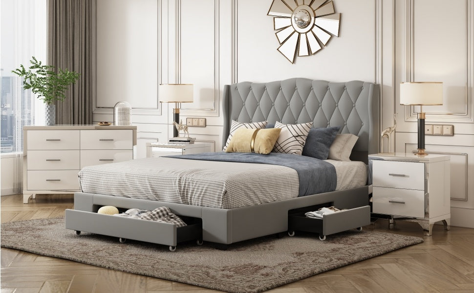 velvet upholstered platform bed with tufted headboard and 3 drawers, gray