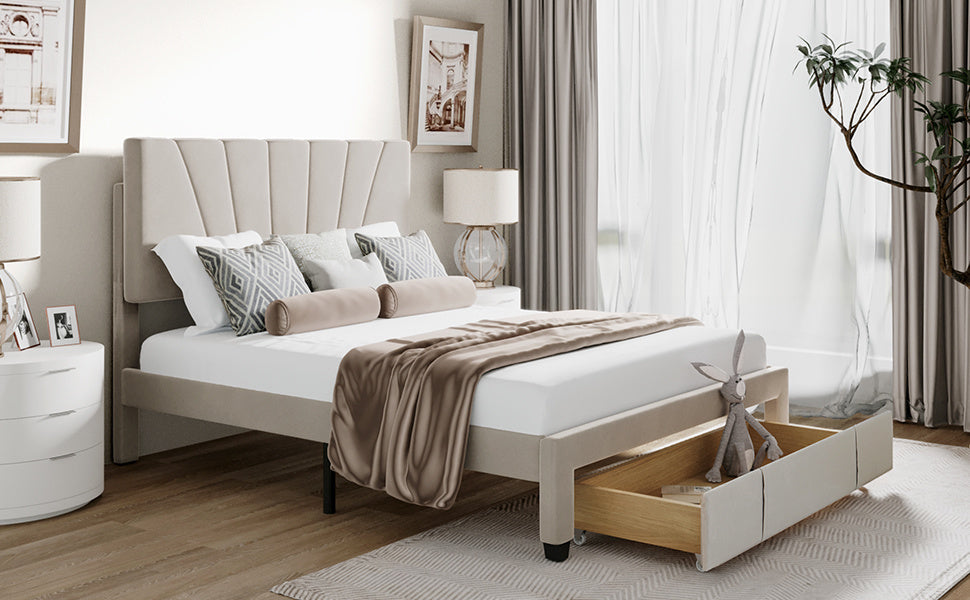 queen size storage bed velvet upholstered platform bed with a big drawer