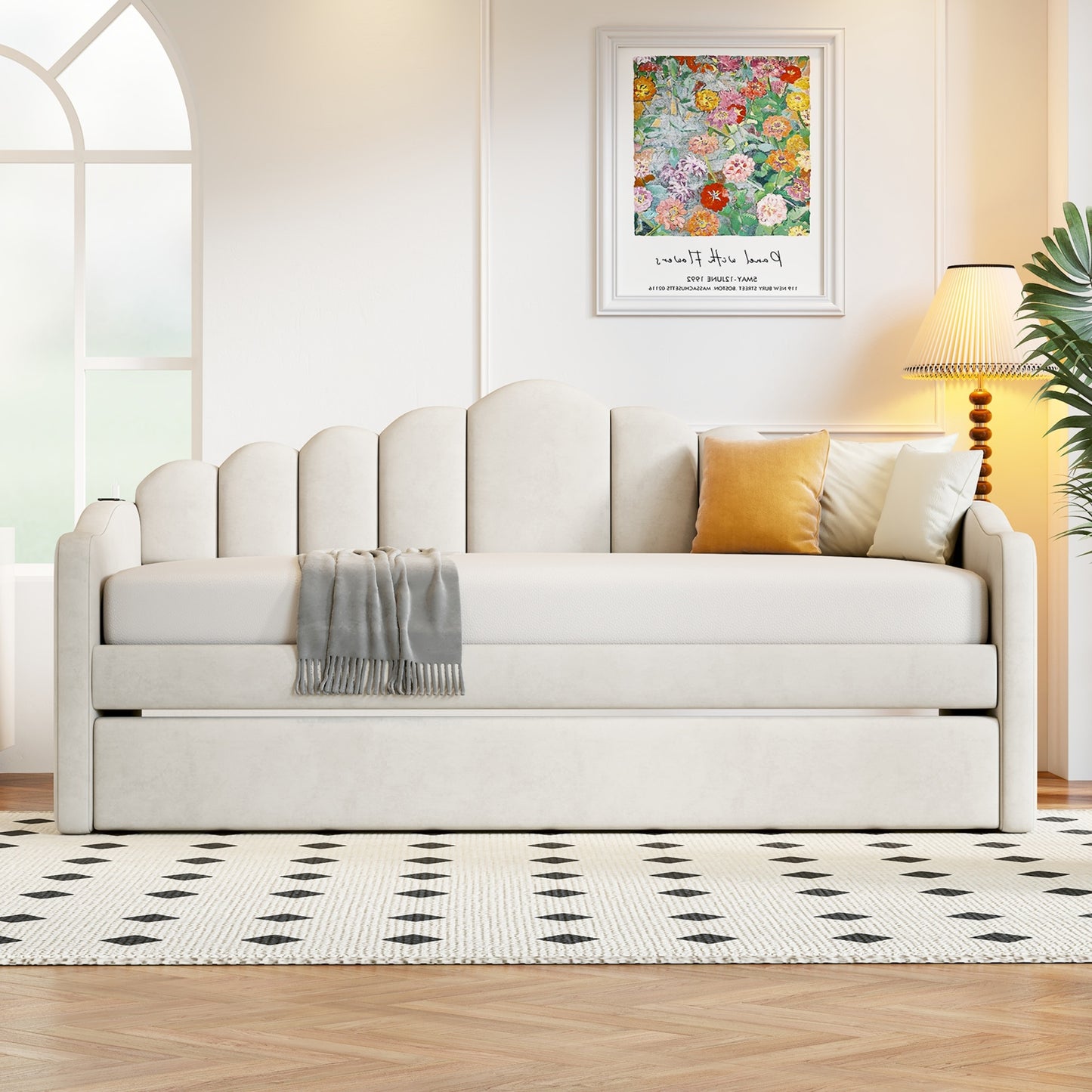 upholstered velvet bed with usb charging ports, beige