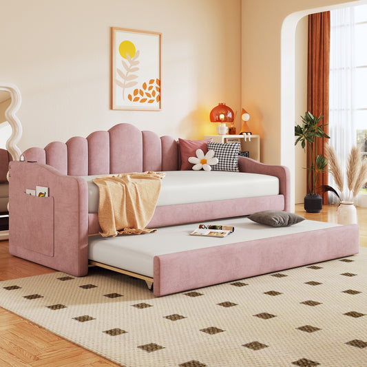 Upholstered Daybed with Trundle & USB Charging Ports, Pink