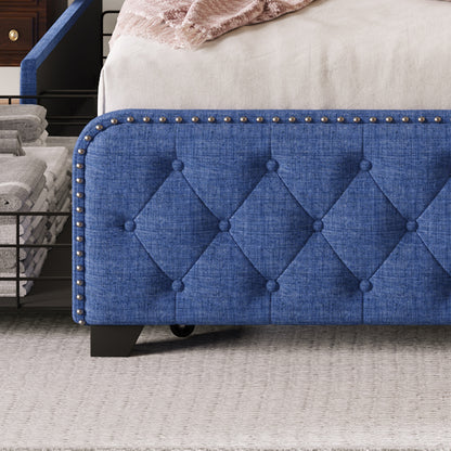 Upholstered Platform Bed Frame with Four Drawers, Blue
