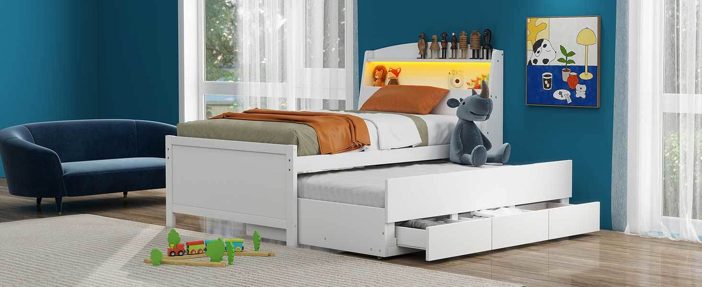 platform bed with storage led headboard, twin size trundle and 3 drawers, white