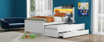 Platform Bed with Storage LED Headboard, Twin Size Trundle and 3 Drawers, White