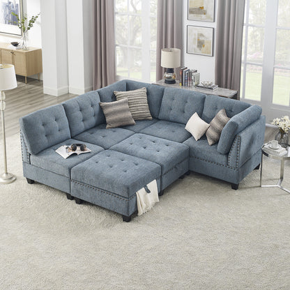 L shape Modular Sectional Sofa includes 2 Ottomans, Navy Blue