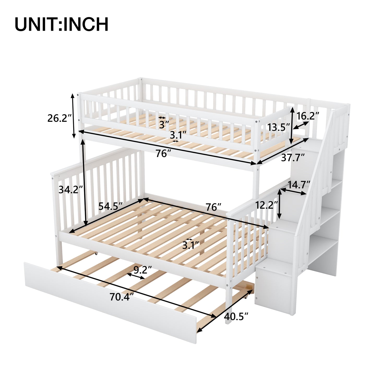 twin over full bunk bed with trundle and staircase,white